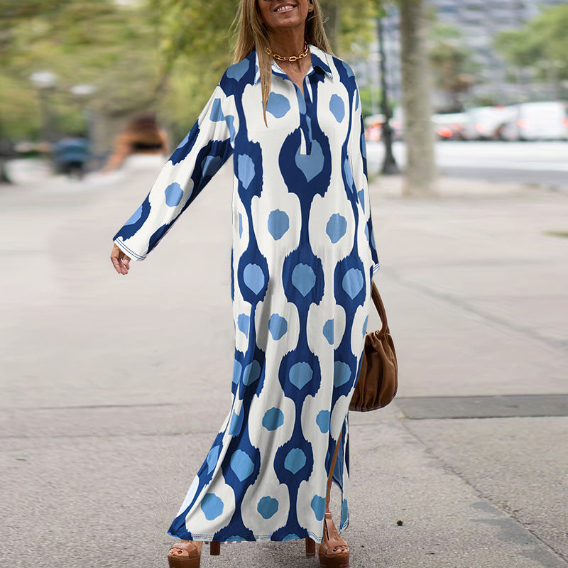 Plus Size Women Turndown Collar Long Sleeve Slit Loose Dress 5