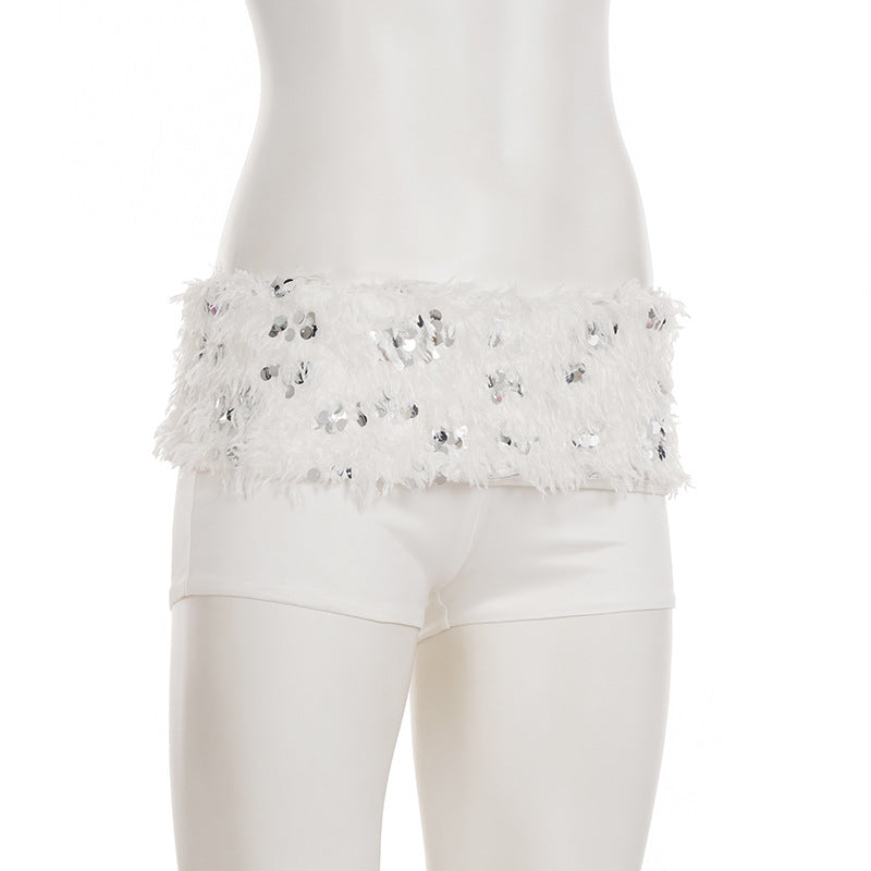 Women Sexy White Sequined Fur Patchwork Strapless Top and Shorts Two-Piece Set 11