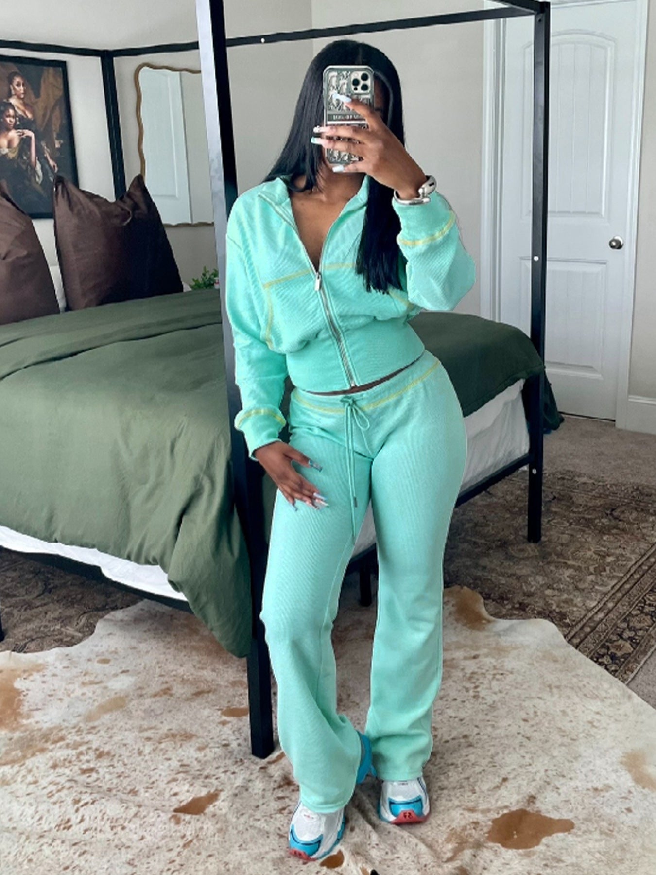 Women casual zipper long sleeve hoodies and pant two-piece set 3