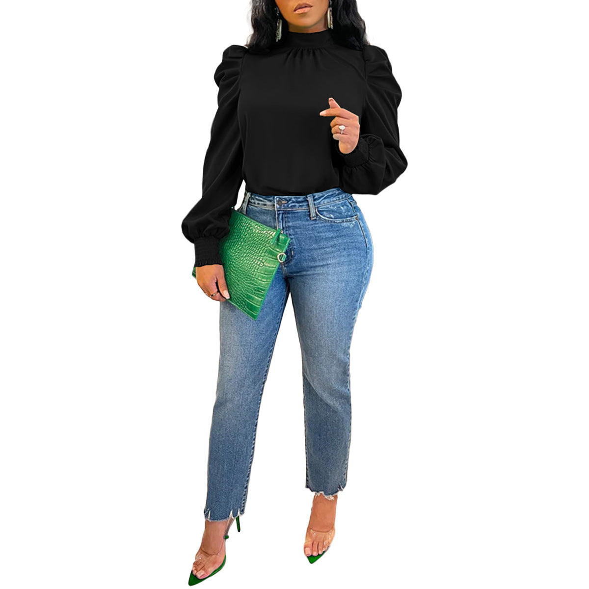 Women Solid Stand Collar Puffed Sleeve Top