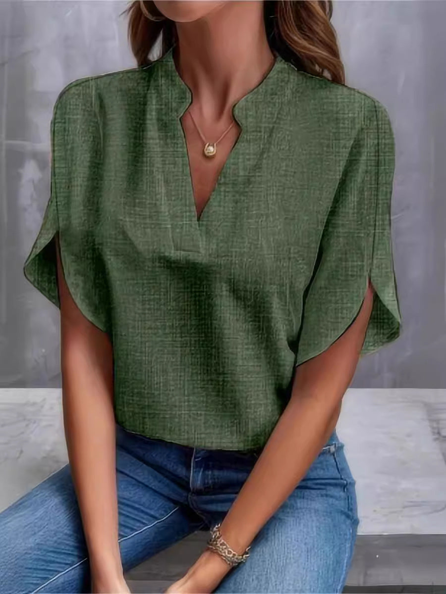 Women Summer Solid V-Neck Off-Shoulder Loose Shirt 8