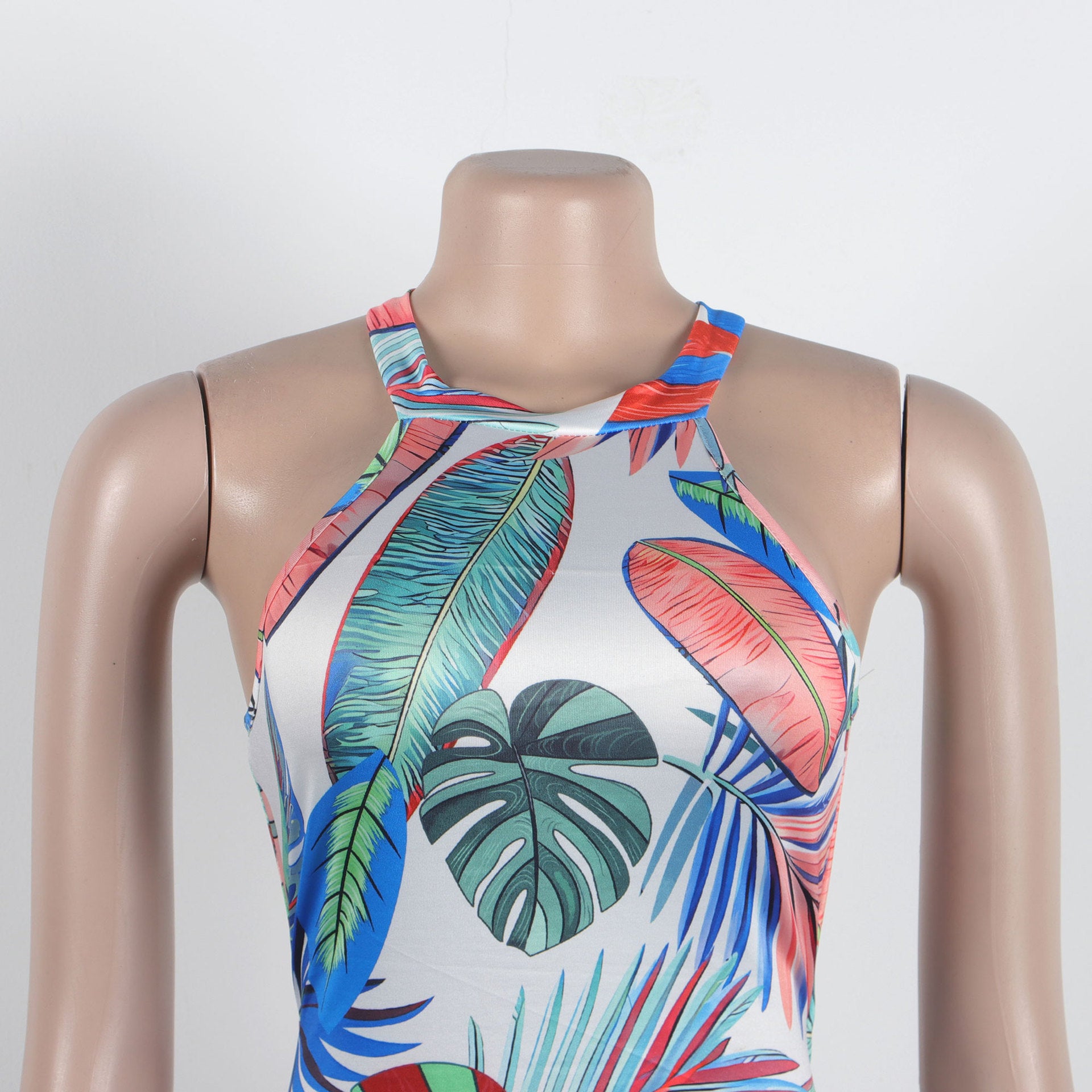 Women Sexy Printed Sleeveless Cutout Round Neck Bodycon Dress 15