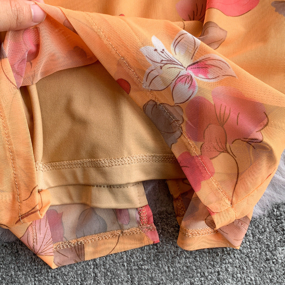 Women French Style Long-Sleeved V-Neck Lace-Up Maxi Print Bodycon Dress 29