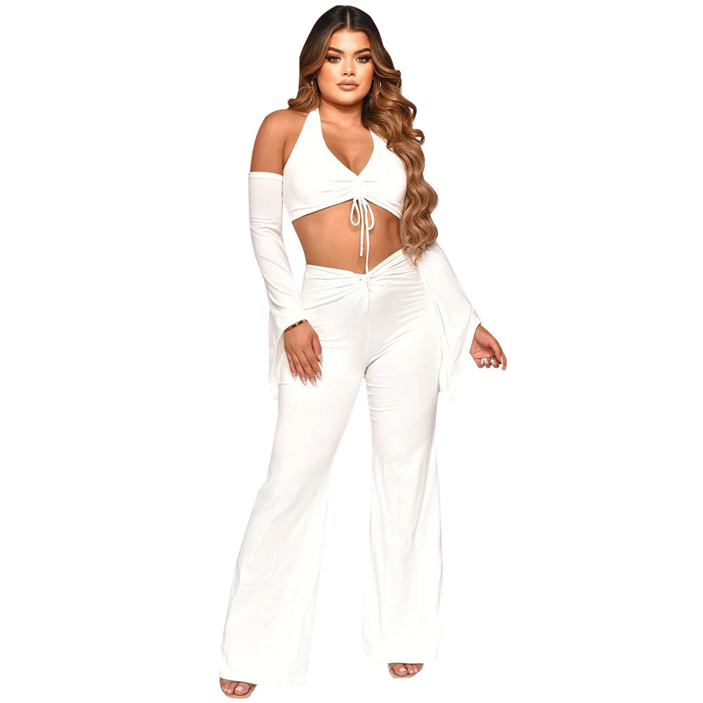Women Fall Sexy Halter Neck Tie Crop Top+ Pants Two Piece 8