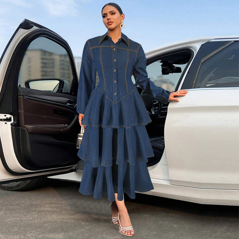 Women's Clothing Turndown Collar Long Sleeve Cascading Ruffles  Denim Long Dress