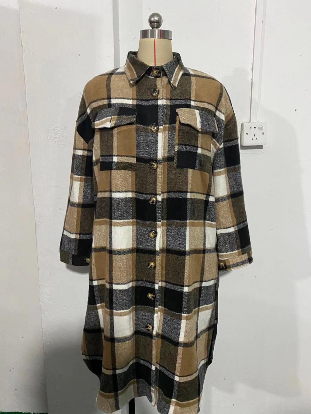 Autumn And Winter Chic Windbreaker Coat Side Slit Turndown Collar Loose Plaid Shirt Jacket 20