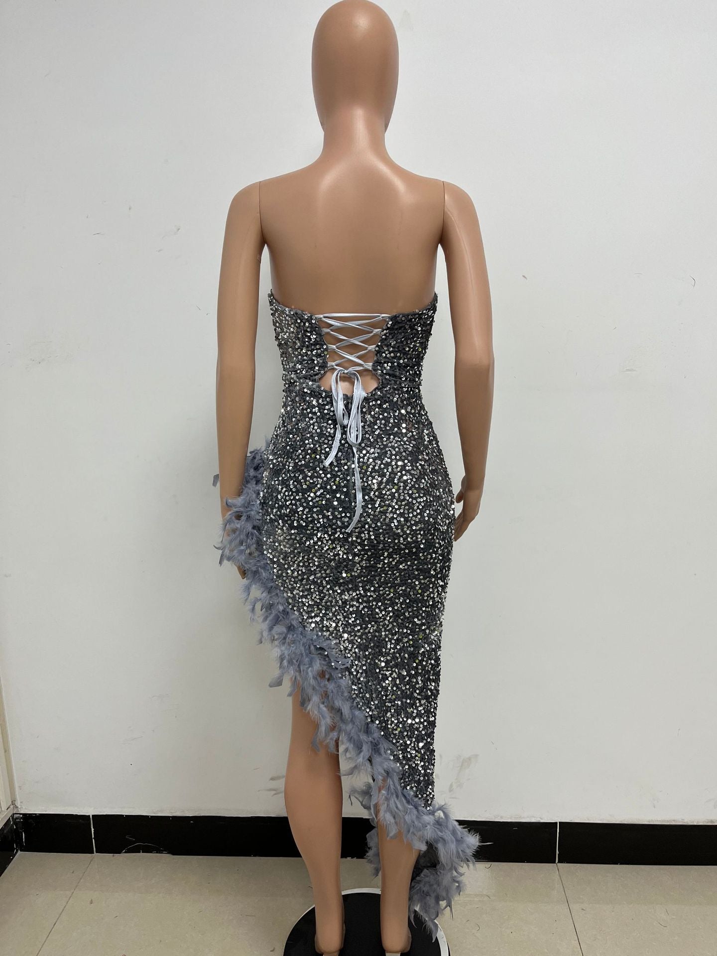 Women Sexy Off Shoulder Backless Sequin Feather Dress 65