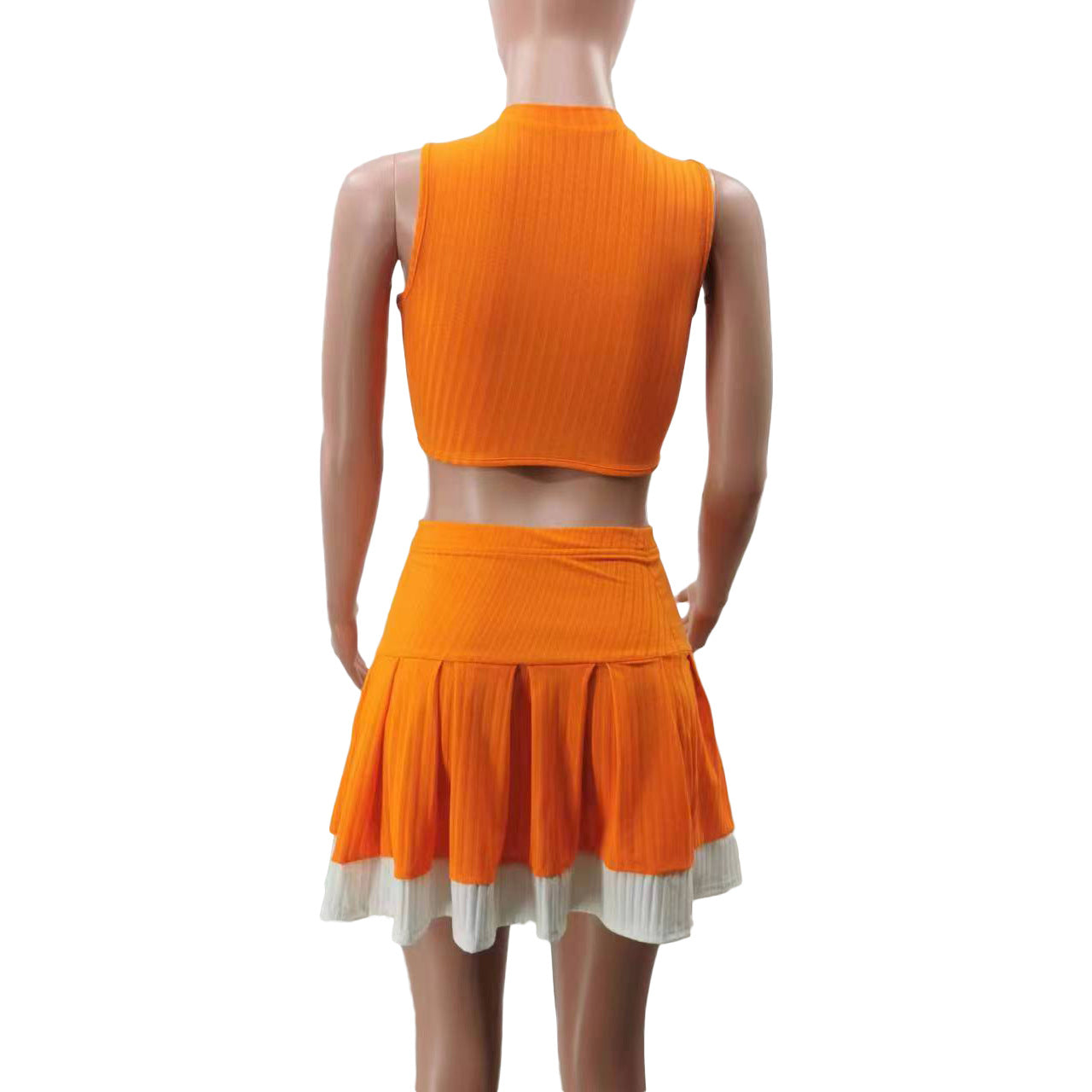 Women Casual Sexy Colorblock Zipper Top And Pleated Skirt Two-Piece Set 14