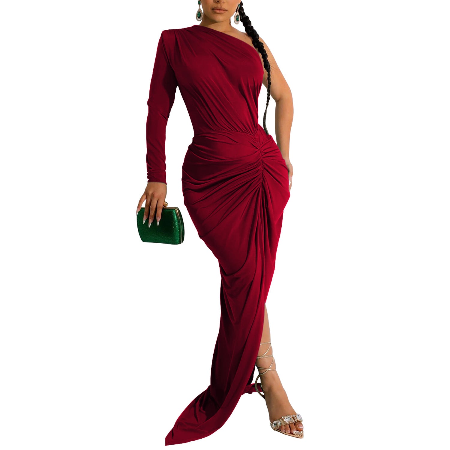 Fashion Women's Solid Color Slash Shoulder Single Long Sleeve Long Pleated Dress 17