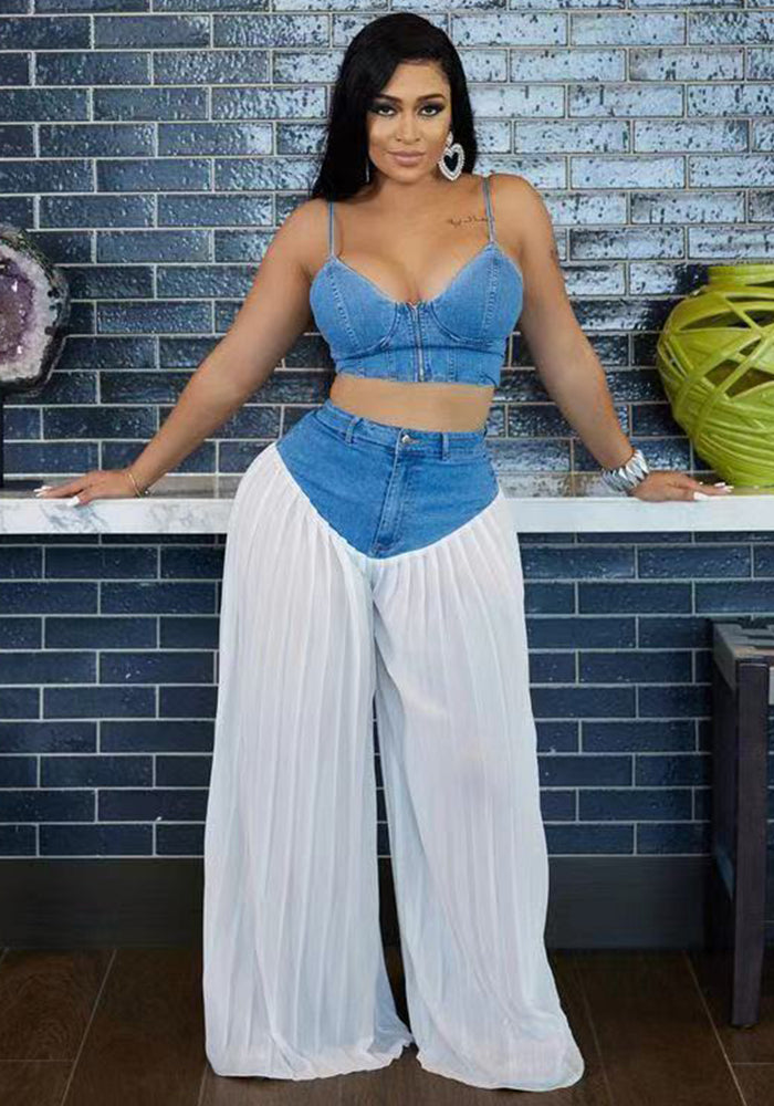 Women Suspender V-neck Vest Pleated Denim Patchwork Pants Two-piece Set