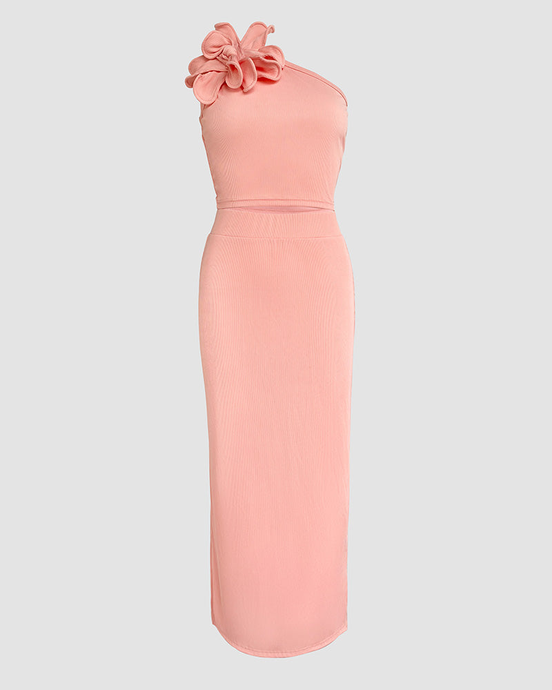 Women Solid Large Flower One-shoulder Top and Skirt Two-piece Set 11