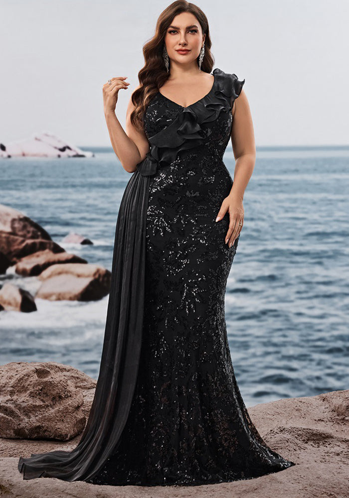 Plus Size Women's Elegant Sequin Patchwork V-Neck Ruffle Sleeve Evening Dress Mother of the Bride Gown