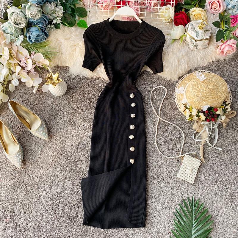 Summer Solid Color Round Neck Button Slim Short Sleeve Elastic Knitting Slit Bodycon Dress 7