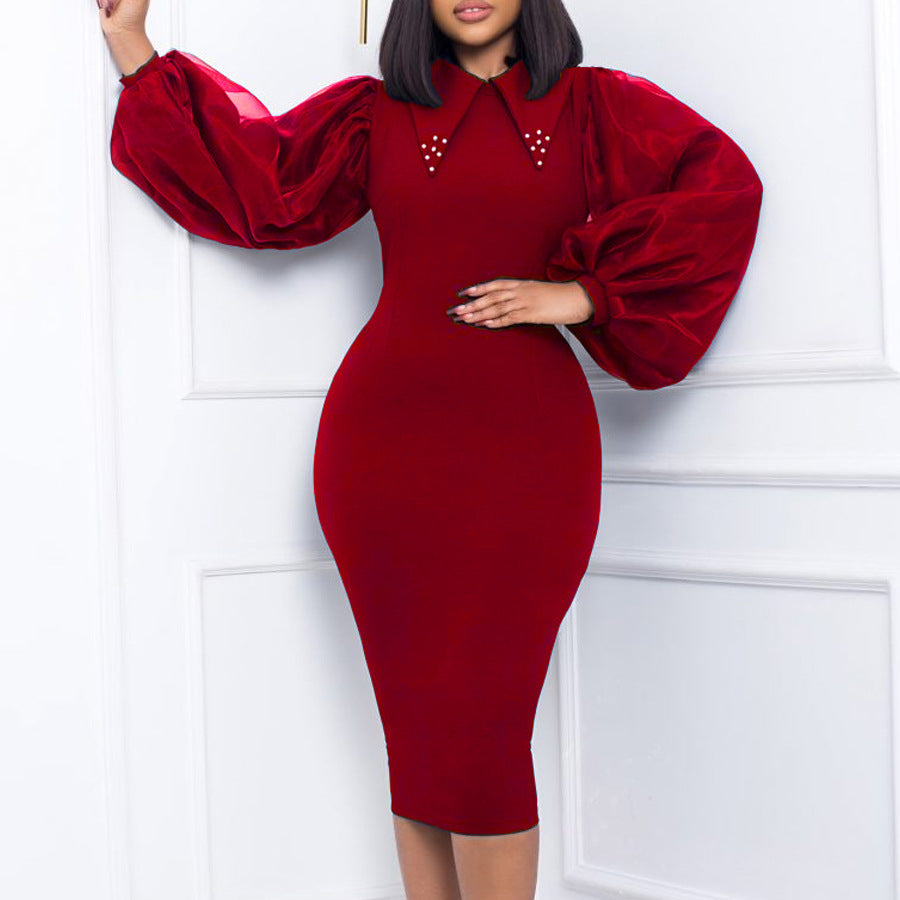 Women'S Spring Autumn Long Sleeve Plus Size Beaded Mesh Patchwork Career Bodycon Pencil Dress 5