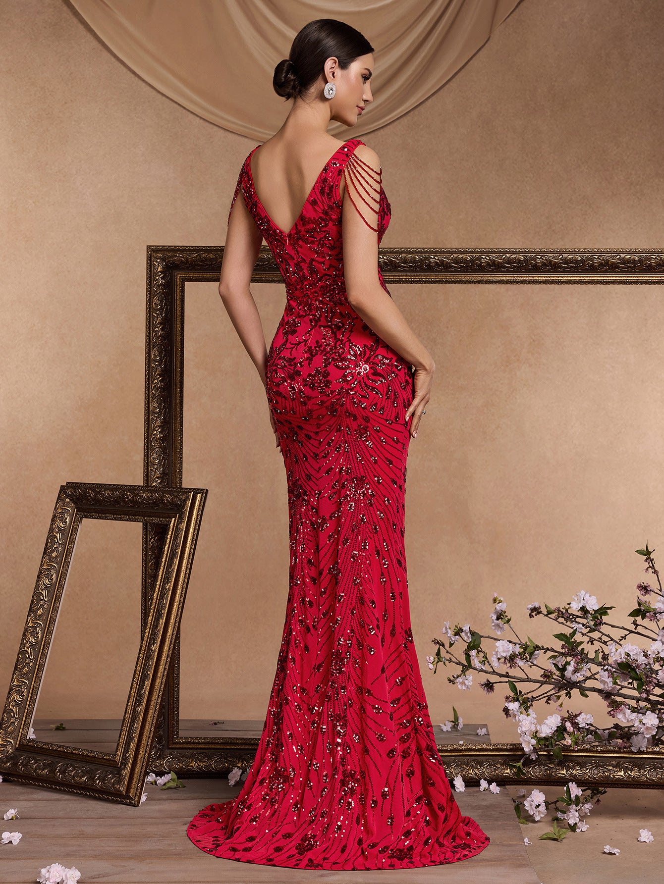 Women sequined beaded formal party sexy fishtail evening dress 3