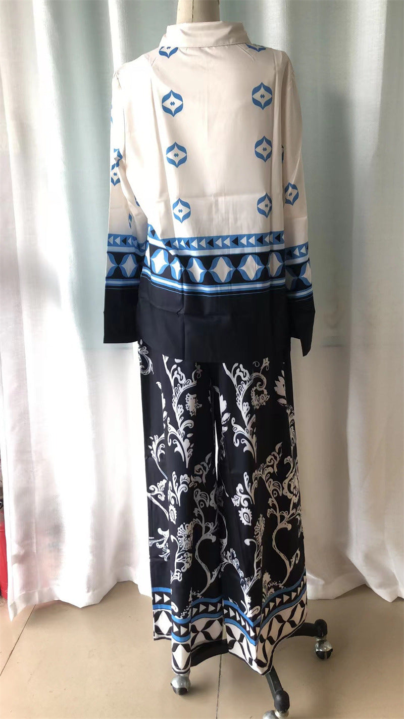 Women Print Loose long-sleeved top and wide-leg pants two-piece set 9
