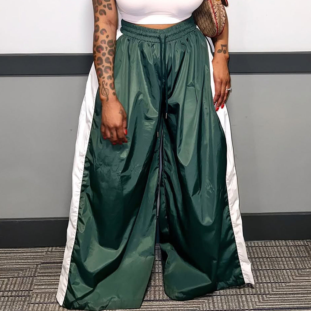 Women casual color matching drawstring wide leg pants 3