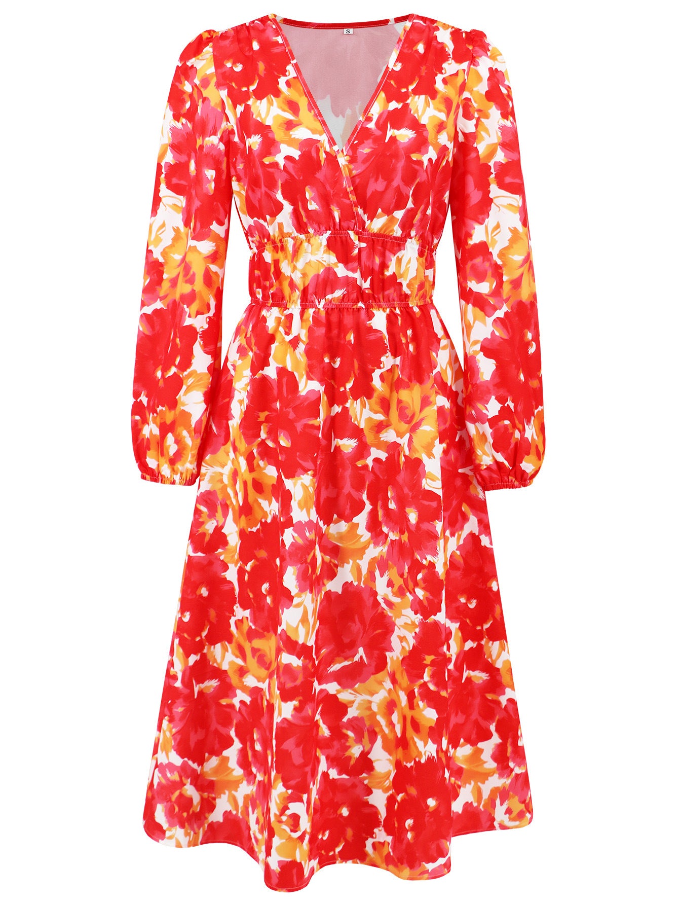 Women's Chic Print Slim Waist Long Sleeve Midi Casual Dress 31