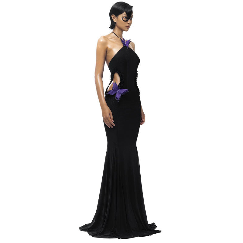 Women autumn sexy Off Shoulder Halter Neck butterfly decoration Holidays dress 5