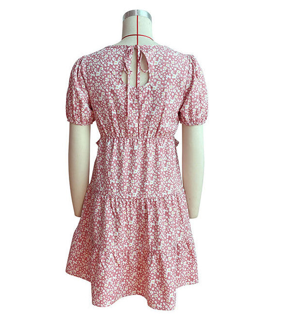 Women Floral Dress Pink Ruffle Patchwork Pleated Dress 9