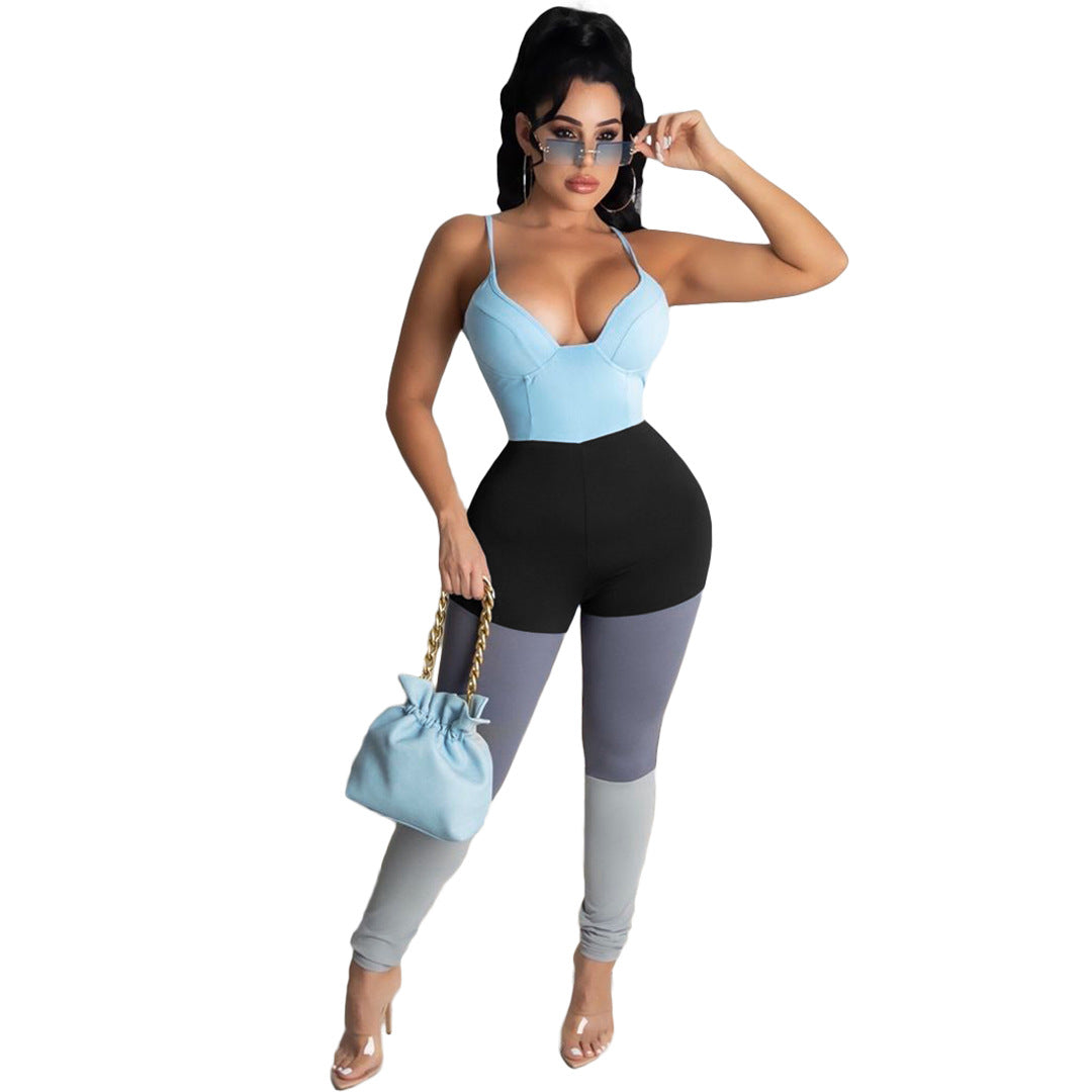 Spring Summer Women's Multicolor Patchwork Strap Sexy Jumpsuit 4