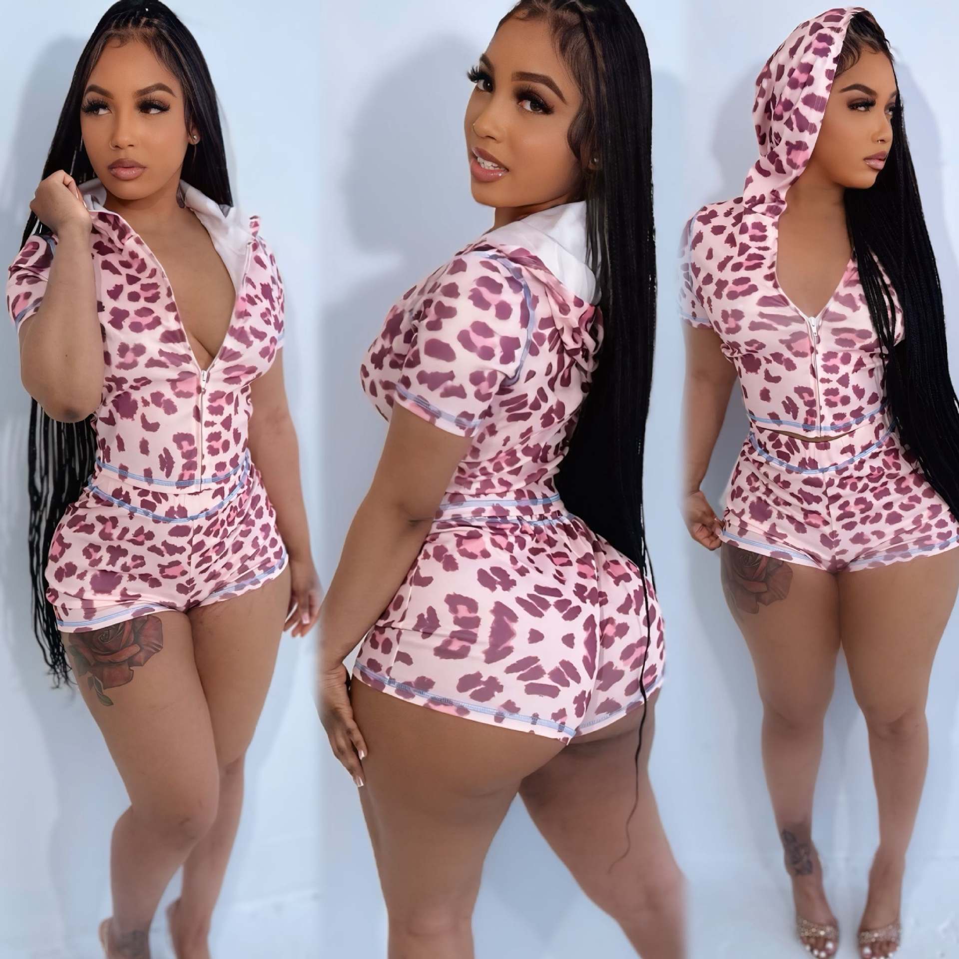Women Leopard Zipper Hooded Print Top and Shorts Two Piece Set
