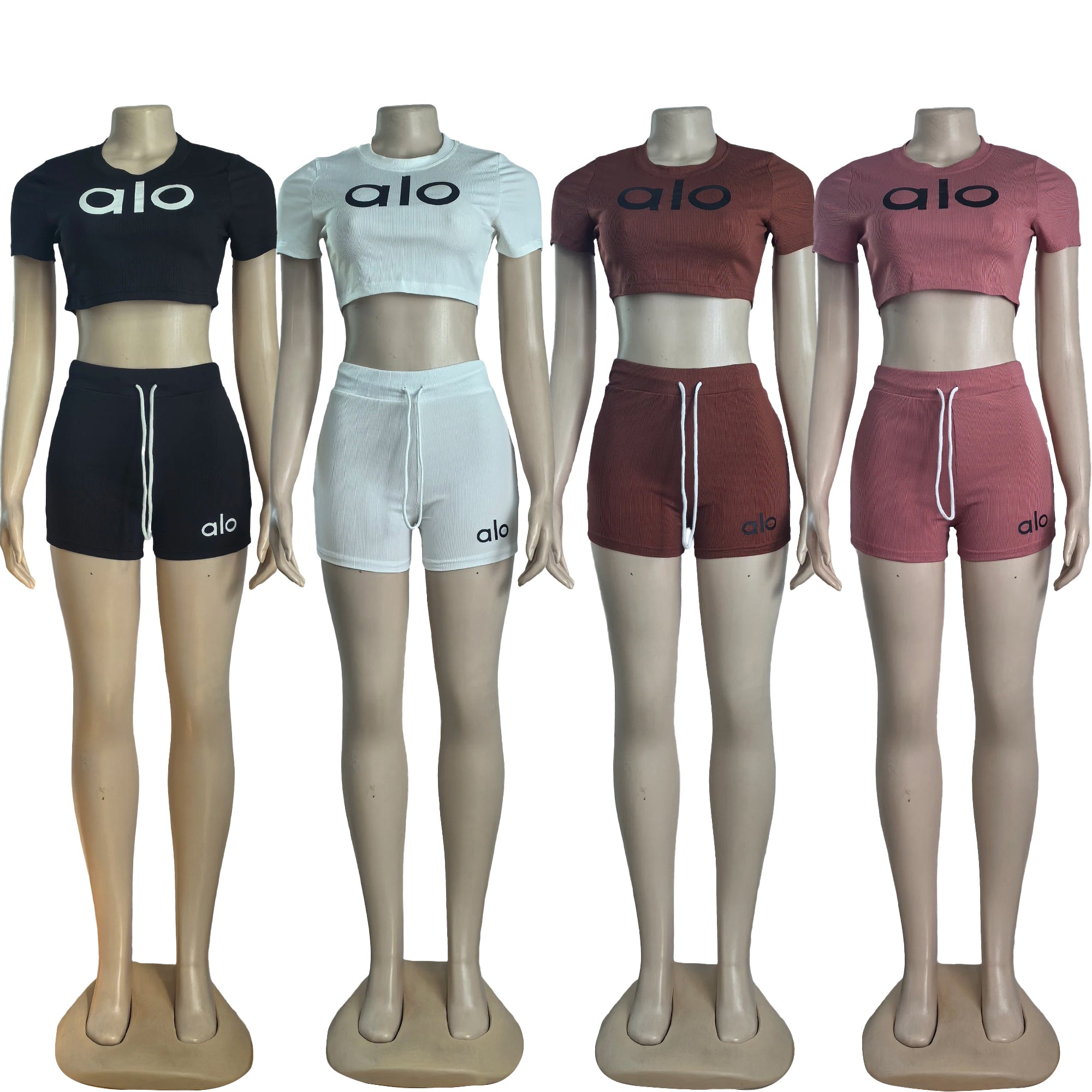 Women summer Stretch Round Neck short-sleeved top and shorts two-piece set 6