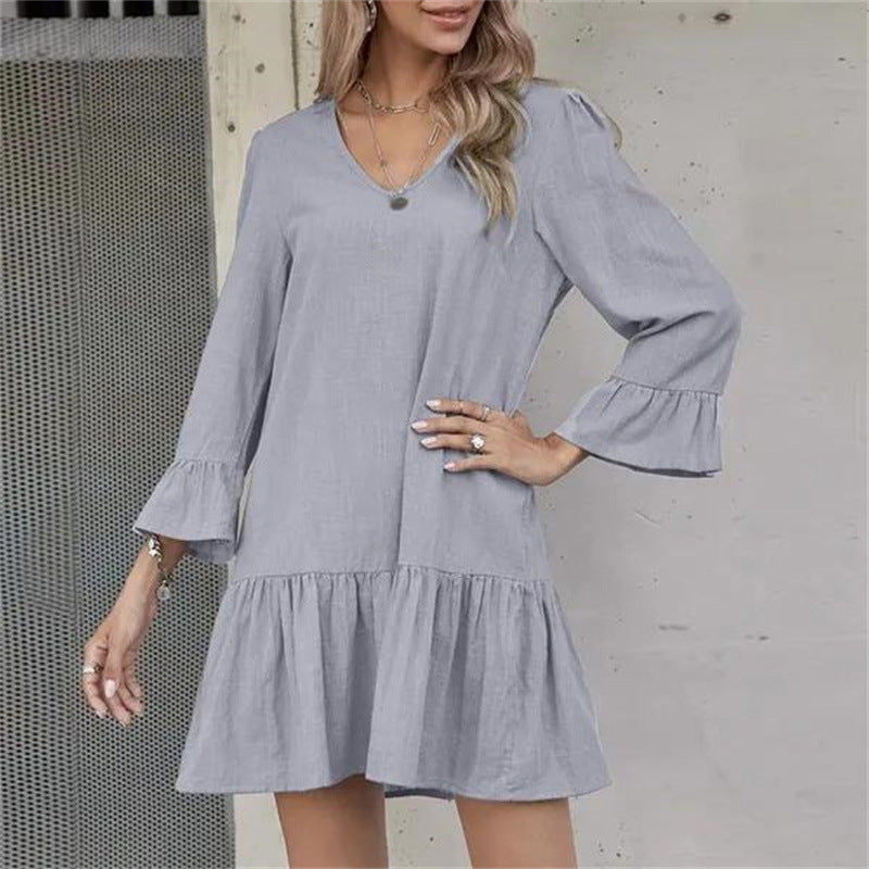 Women's Midi Loose Solid Color Pleated Bell Bottom Half-Sleeve Women's Linen Dress 10