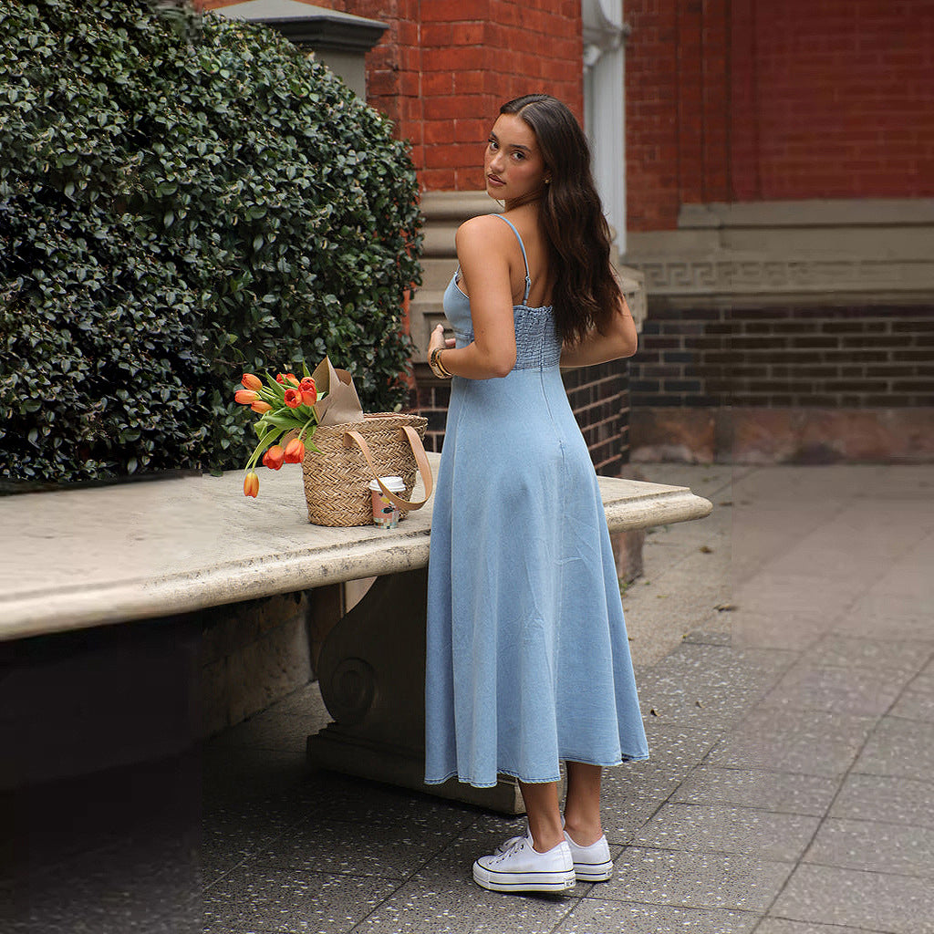 Spring Summer Strap V Neck Denim Long Dress 4