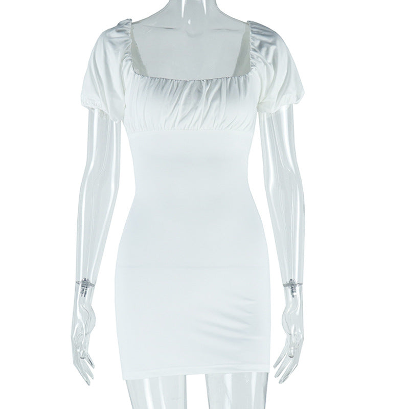 Women sexy U-neck Solid puff sleeve dress 10