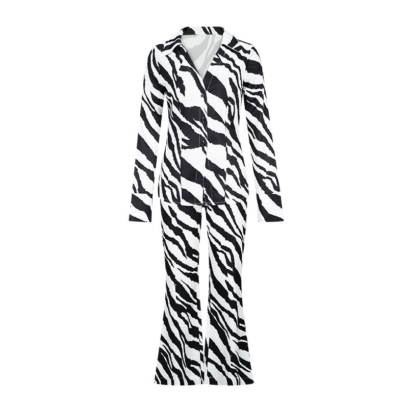 Autumn deep V suit female sexy printed shirt wide-leg pants fashion casual two-piece set 11