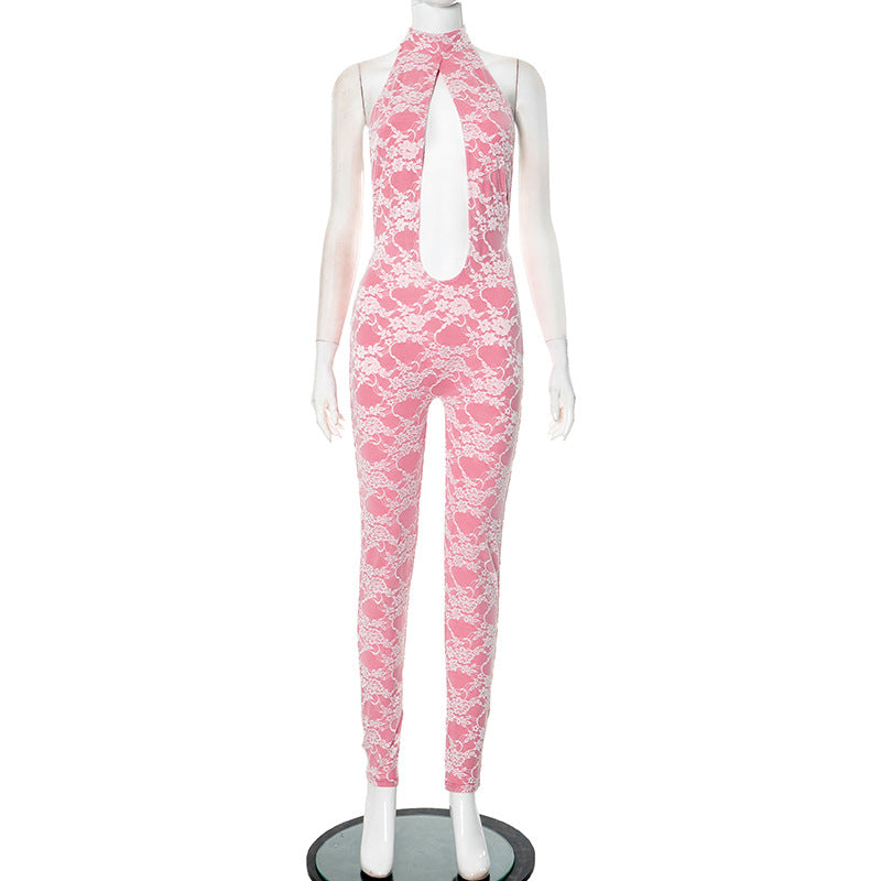 Women Spring and Summer Lace Halter Neck Lace-Up Hollow Backless Jumpsuit 4