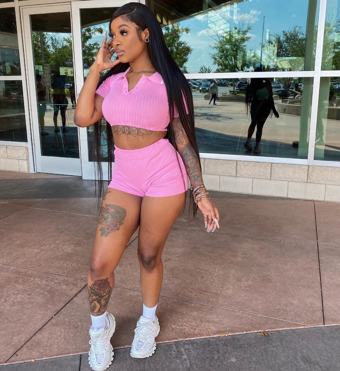 Women's Sports Casual Cropped Top Shorts Solid Color Two-piece Set 4