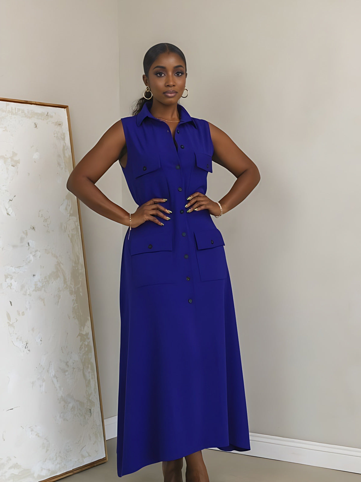 Women Turndown Collar Sleeveless Pocket Maxi Dress 3