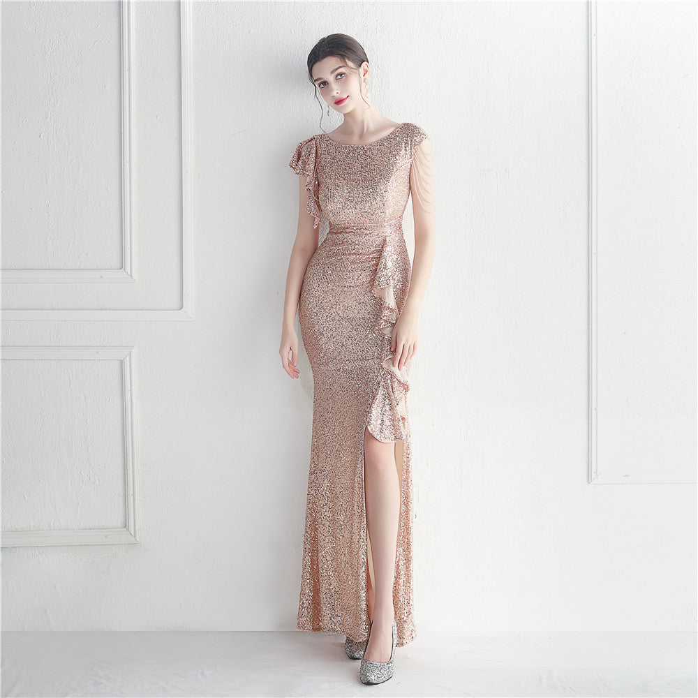 Ruffle Beading Gala Dinner Show Long Sequined Dress 12