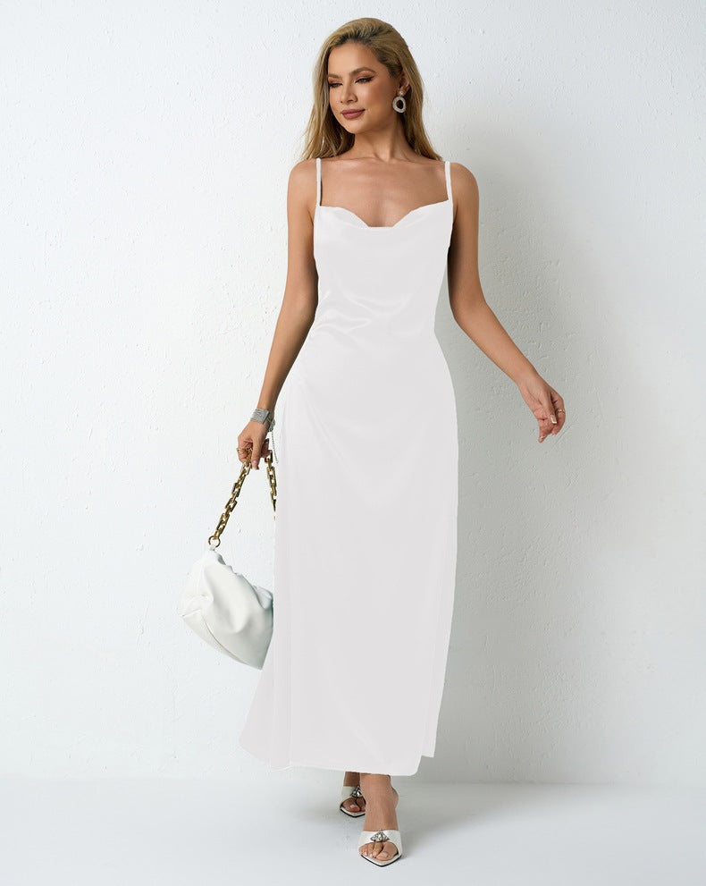 Women Pleated Sleeveless Satin Dress 52