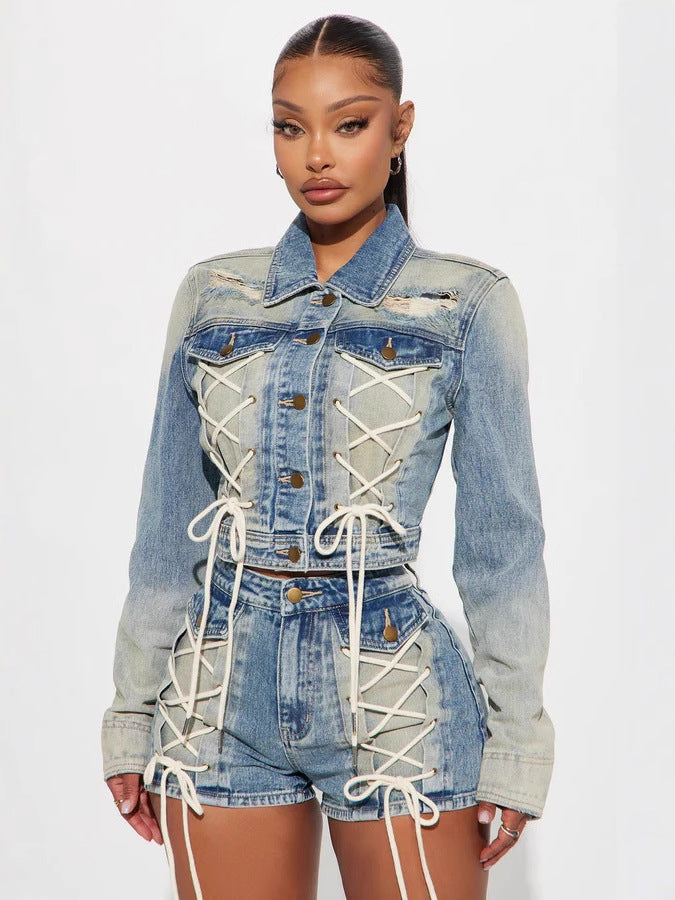 Women Top Jacket and Drawstring Shorts Two-Piece Set 4