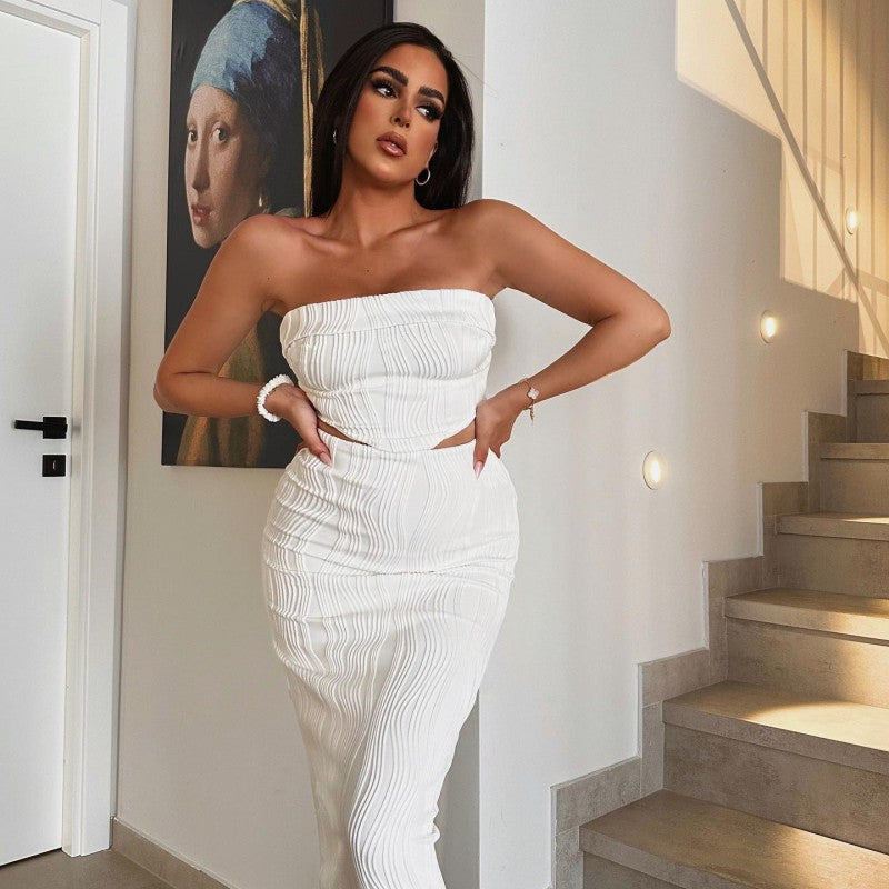 Women summer Solid Strapless Top and Bodycon Long Skirt two-piece set 5