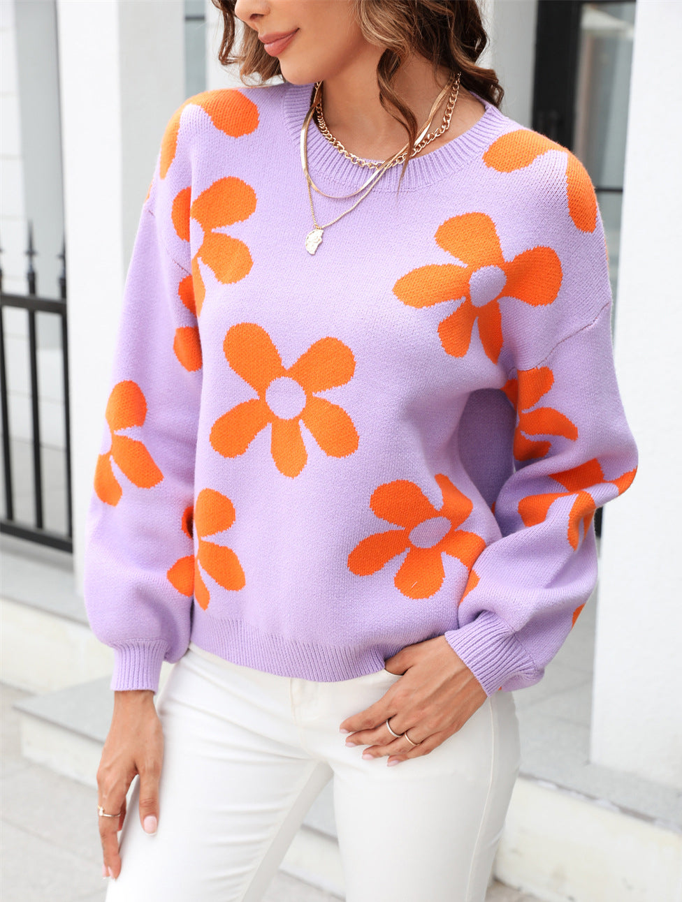 Autumn and winter women's printed sweater pullover flower plus size sweater 54