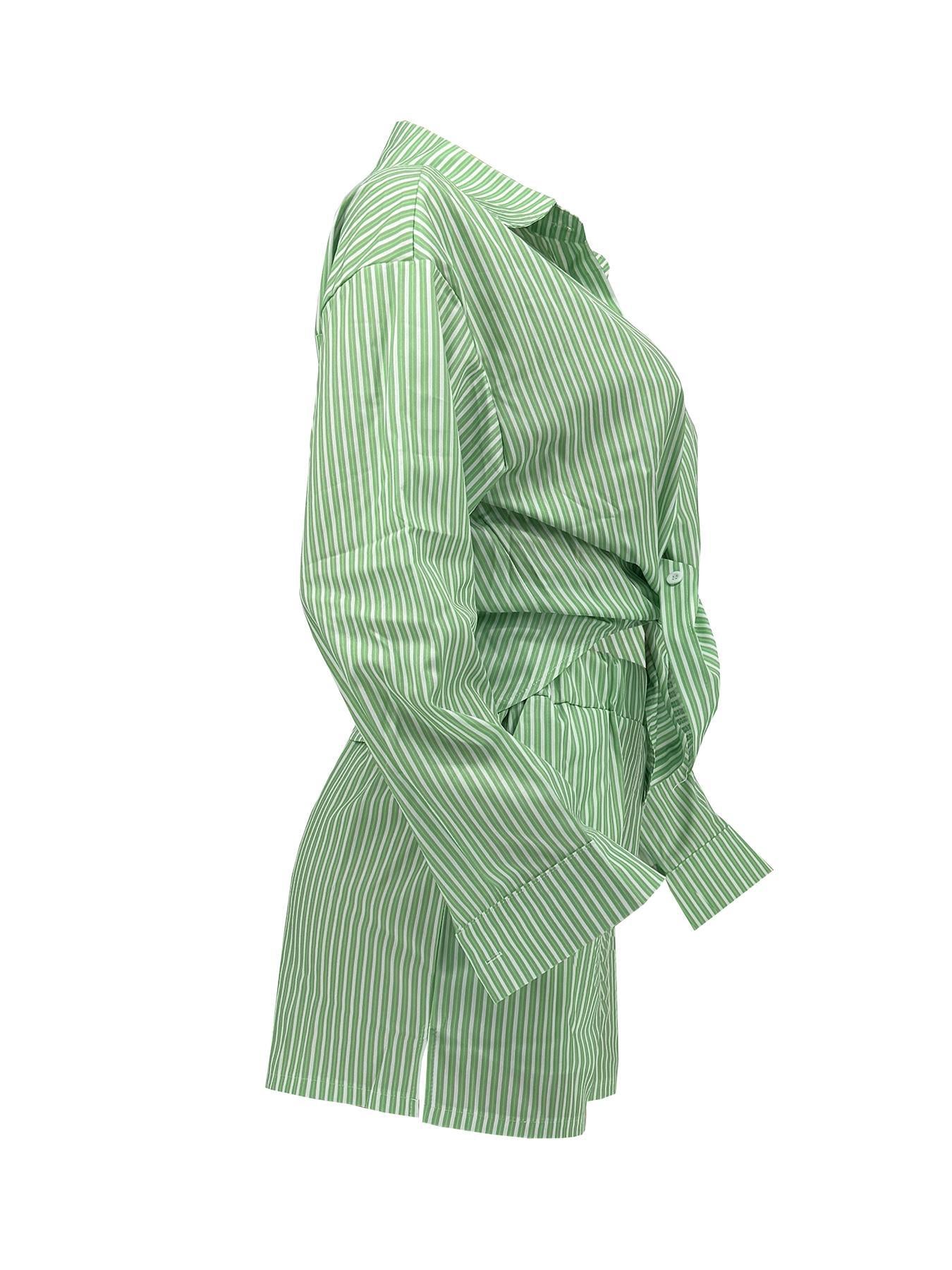 Women Spring Summer Holidays Long Sleeve Shirt Striped Shorts Two Piece Set 11