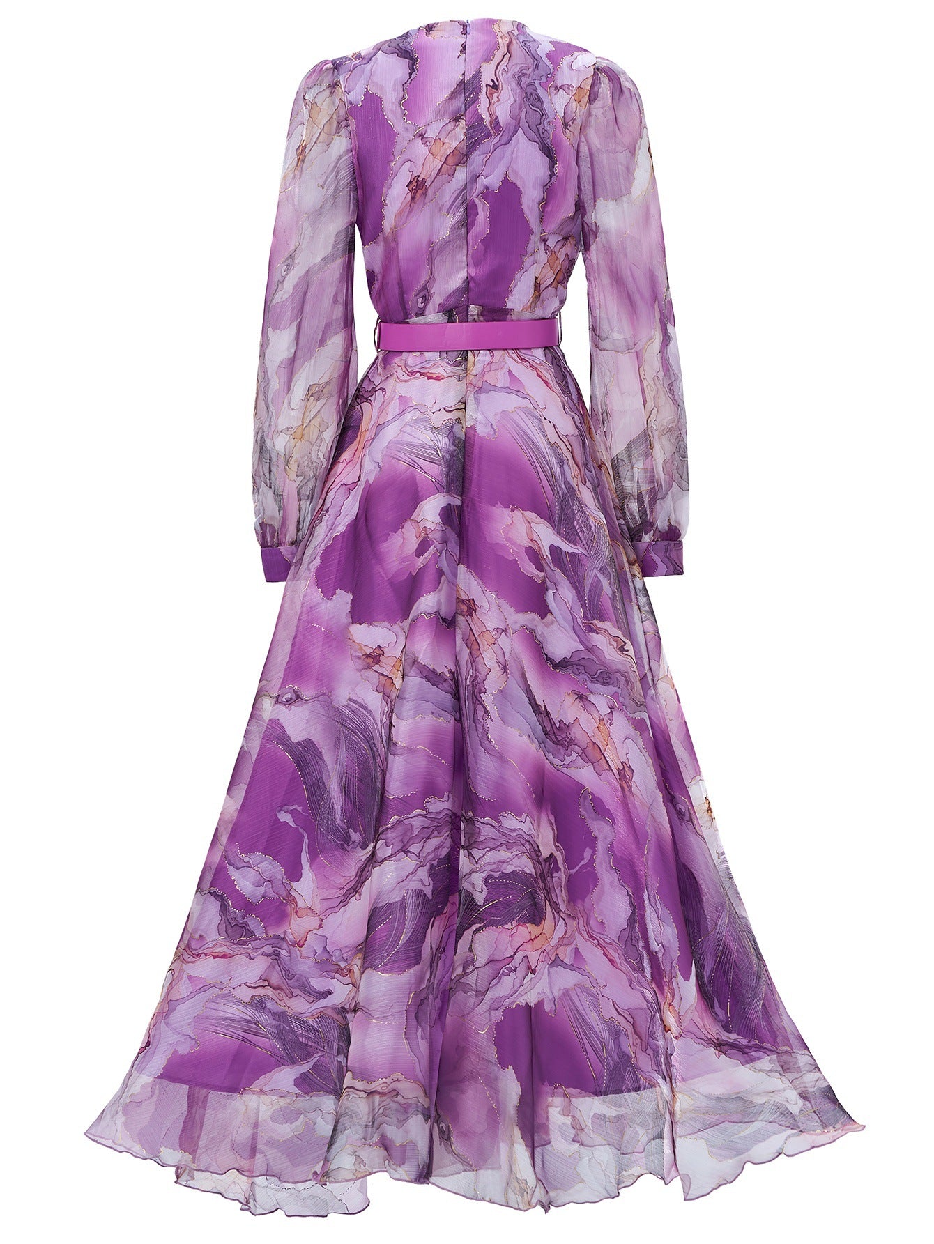 Women long-sleeved V-neck pleated Formal Party mesh dress 15