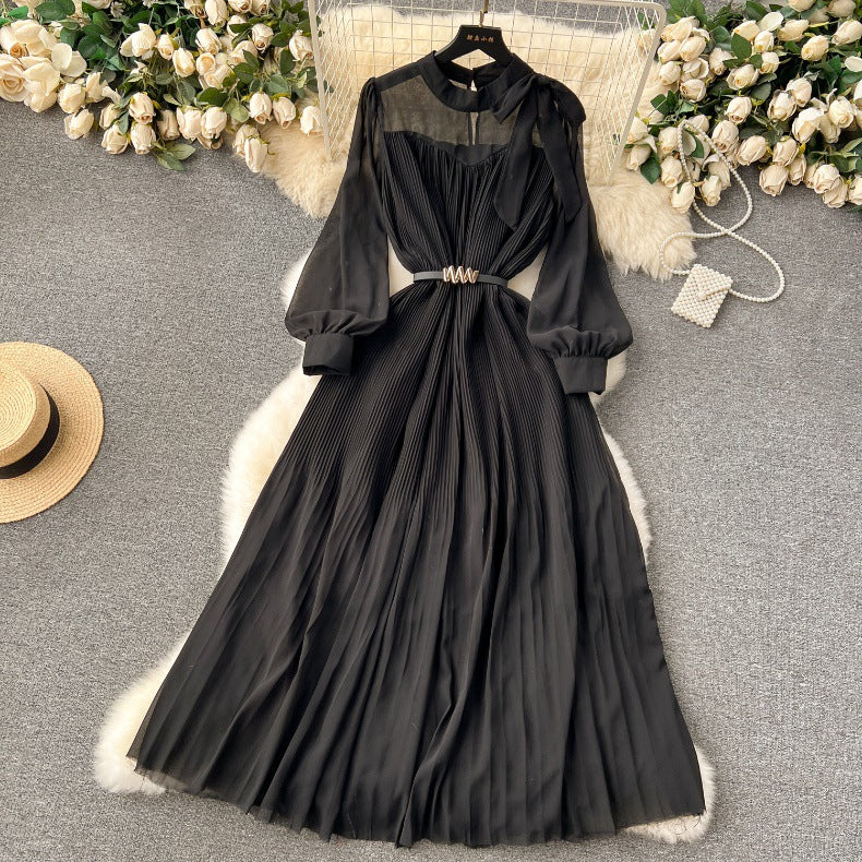 Spring Women's Bow Pleated Chiffon Puff Sleeve Long Dress 34