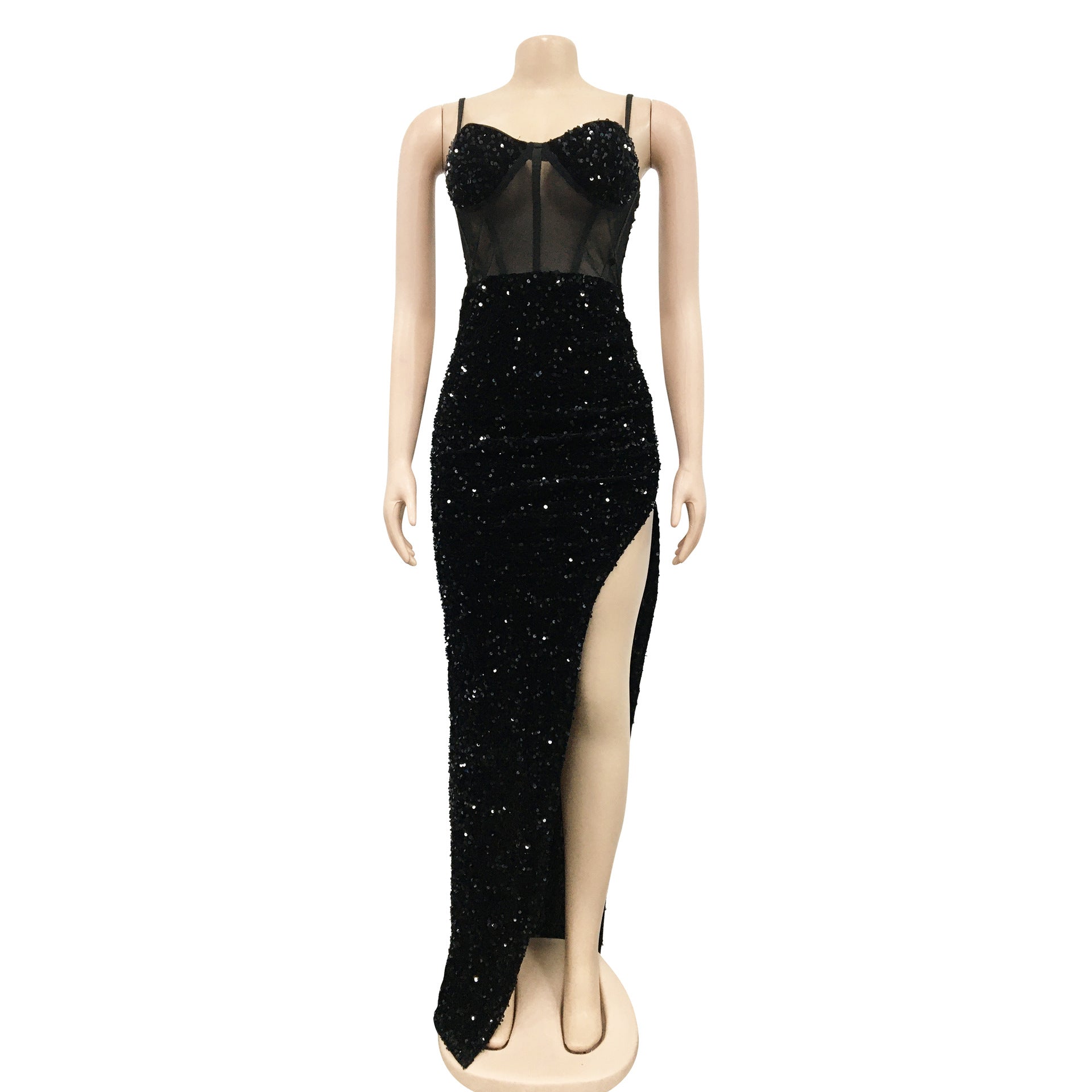 Women Fashion Strap Sequin Mesh See-Through Irregular Split Evening Dress 17
