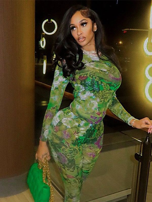 Printed Color-Block Casual Mesh Pants Set Slim Fit Top & Trousers