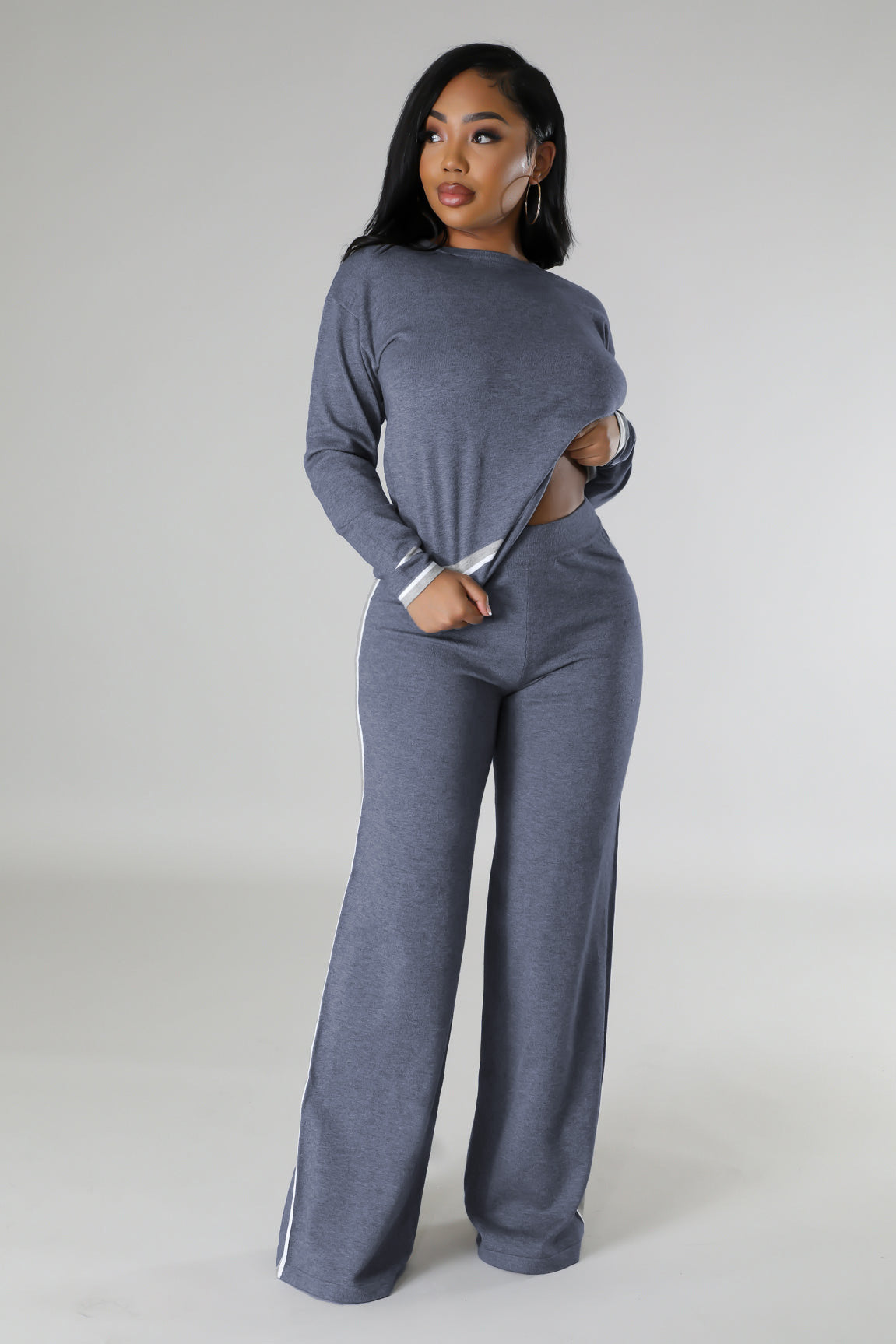 Women Fall and Winter Casual Long Sleeve Knitting Top Wide Leg Pants Two Piece Set 8