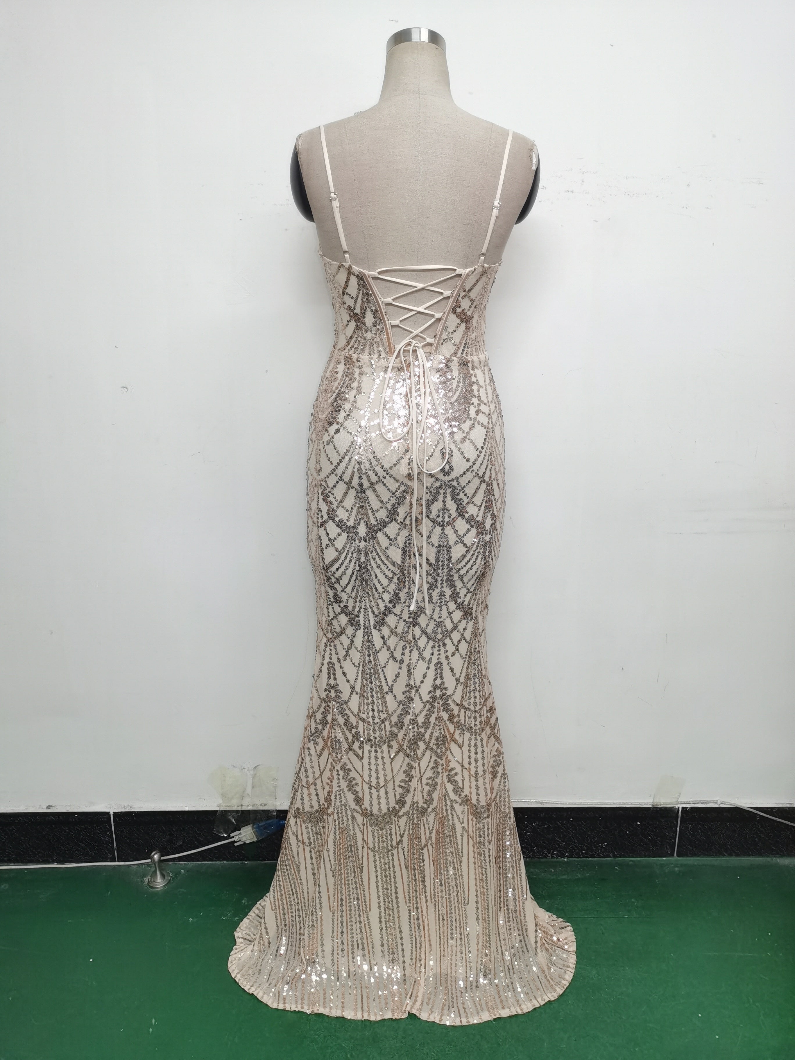 Women Beaded Tube Fishbone Lace-Up Sequin Formal Party Evening Dress 34