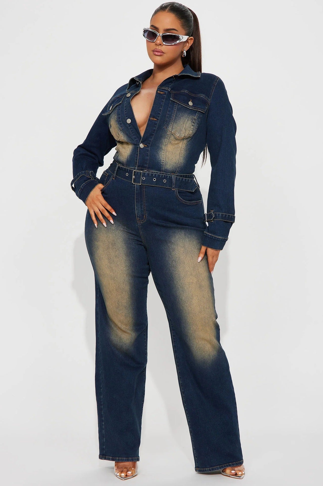 Women long sleeve Denim Stretchy Bell Bottom Jumpsuit 3
