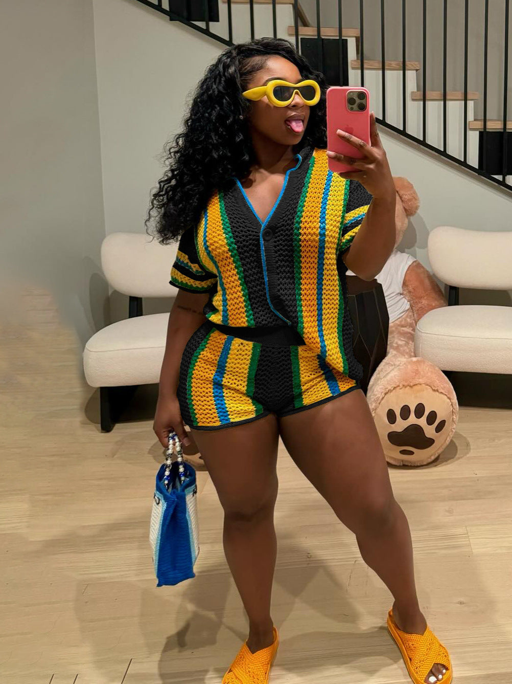 Women's Sexy Hollow Turn-Down Collar Knit Shorts Set 6