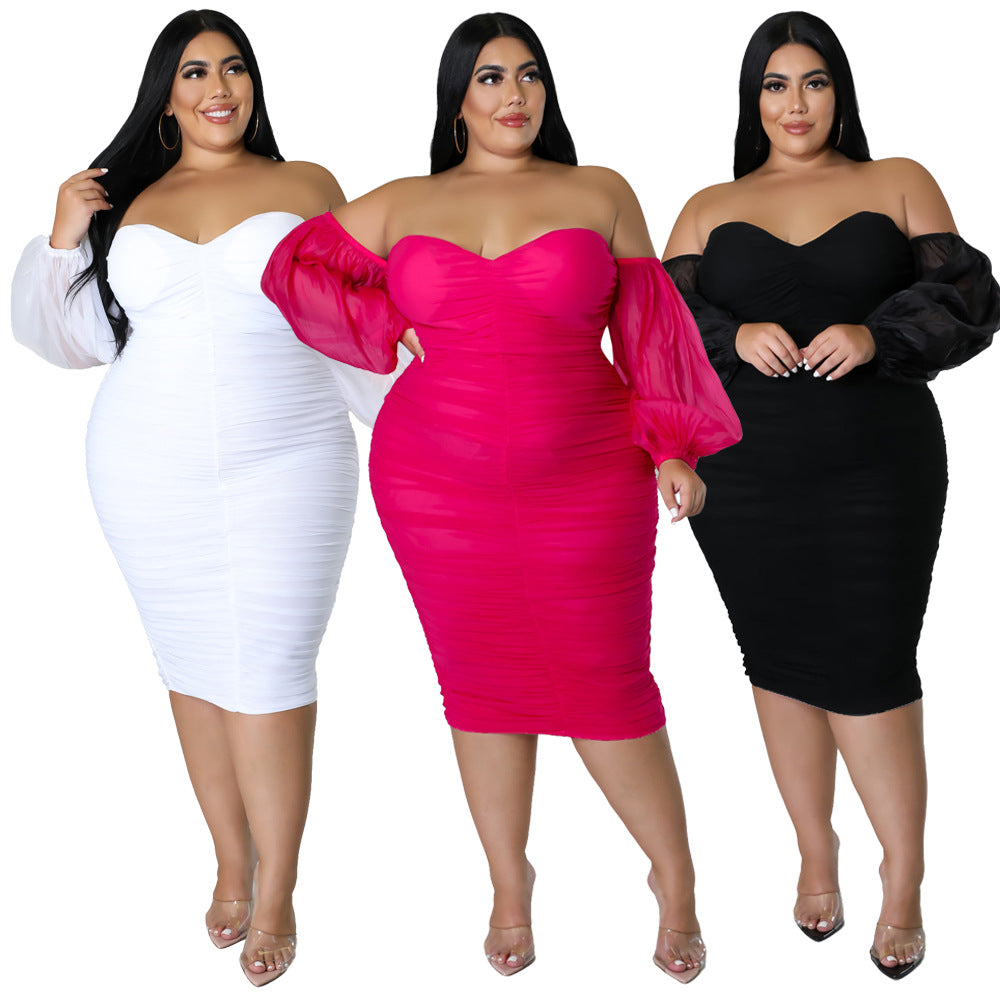 Plus Size Women Fall Mesh Pleated Long Sleeve Dress