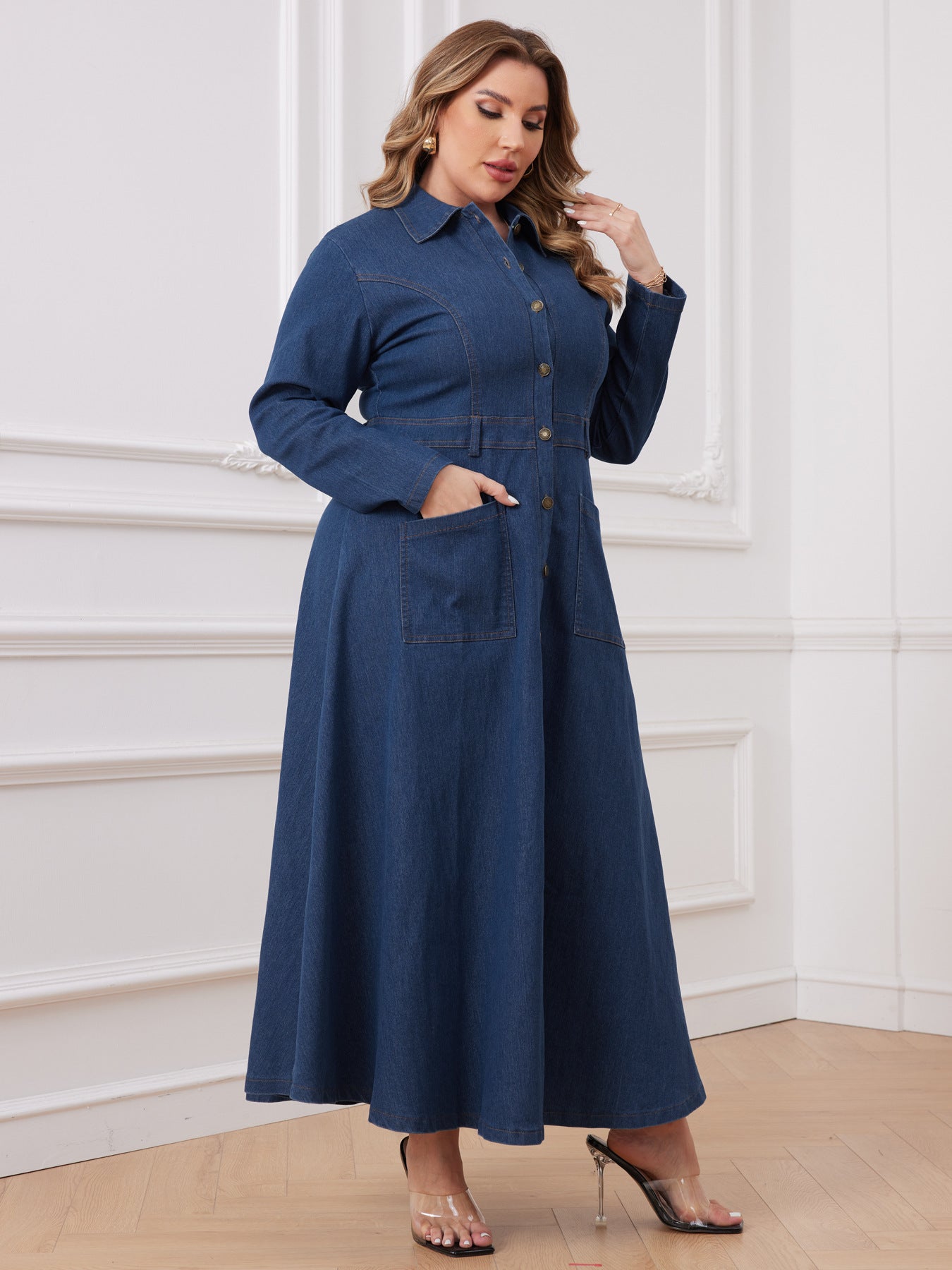 Plus Size Women Women Denim Turndown Collar Long Sleeve Dress 5
